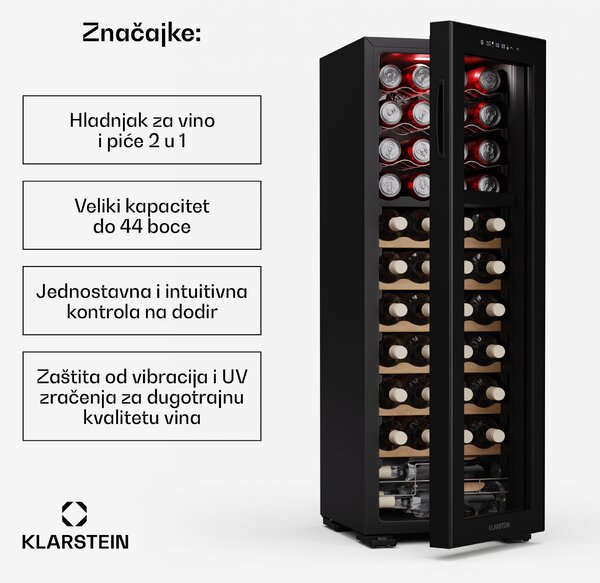 Klarstein Bovella 44 Duo+ hladnjak za vino, 2 u 1, 44 boce, 2 zone, 9 polica, Upravljanje dodirom