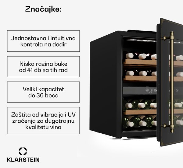 Klarstein Vinsider Victoria 36 hladnjak za vino, 36 boca, upravljanje na dodir, UV zaštita, LED, tihi rad, 3 police