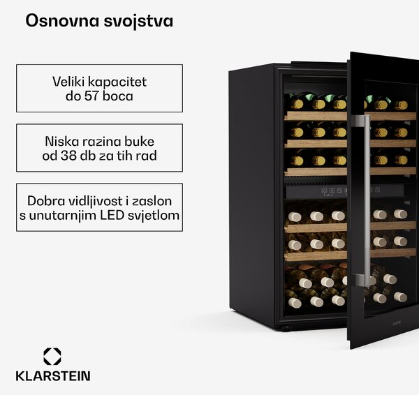 Klarstein Vinsider 57 Duo hladnjak za vino, 2 rashladne zone, 57 boca, ugradbeni