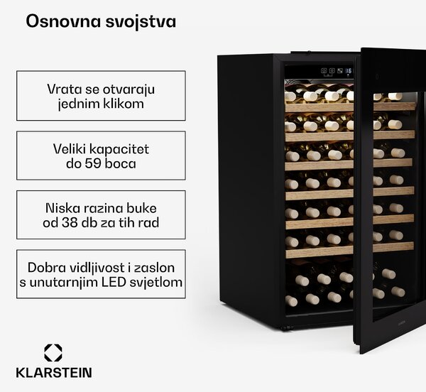 Klarstein Rhone 59 Uno hladnjak za vino, 59 boca, LED kontrola, pritiskom na otvaranje, tihi