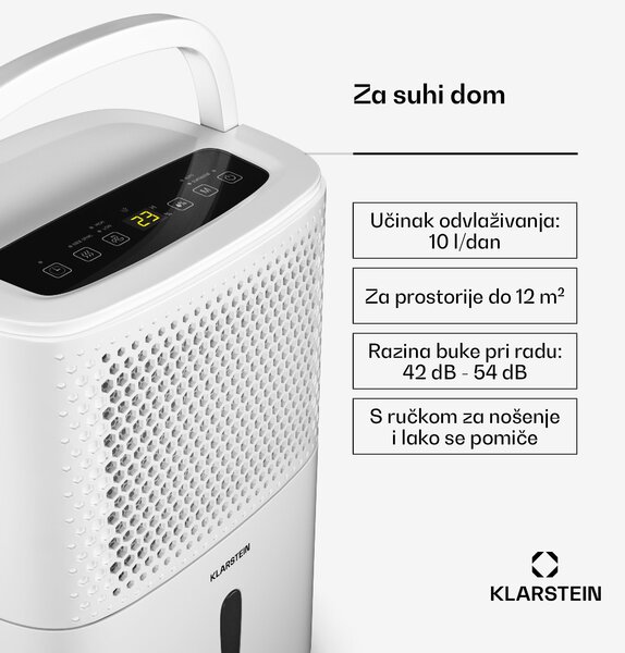 Klarstein DryFy 10L odvlaživač, 10 L/dan, 20-30m², 80 m³/h, tajmer, spremnik za vodu, mobilni