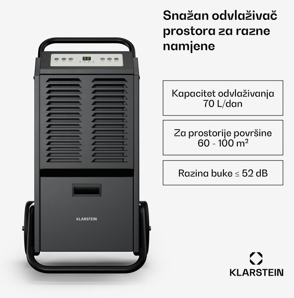 Klarstein DuraDry 70L odvlaživač zraka, 70 L/dan, 90-140 m², nehrđajući čelik, mobilni, 450 m³/h