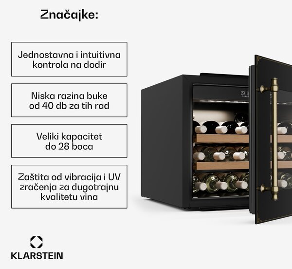Klarstein Vinsider Victoria 28 hladnjak za vino, 28 boca, upravljanje na dodir, UV zaštita, LED, tihi rad, 2 police