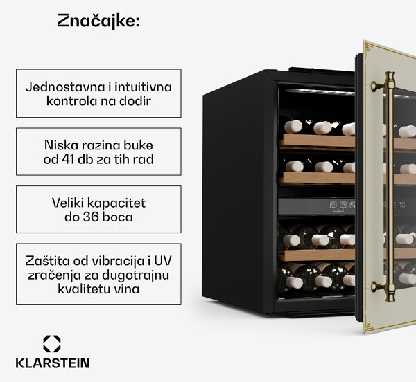 Klarstein Vinsider Victoria 36 hladnjak za vino, 36 boca, upravljanje na dodir, UV zaštita, LED, tihi rad, 3 police