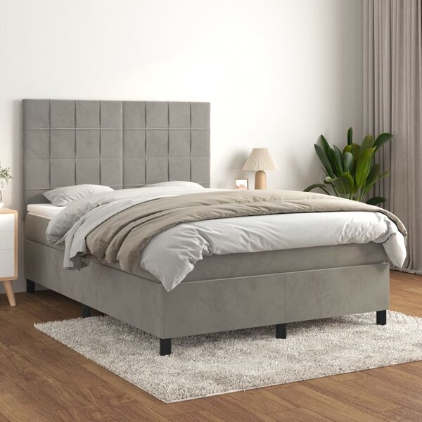 Krevet s oprugama i madracem svjetlosivi 140x190 cm baršunasti - Siva / 140 x 190 cm