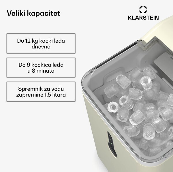 Klarstein ChillOut aparat za led, 12 kg/dan, 9 kockica leda u 8 minuta, 120 W, rezervoar za vodu