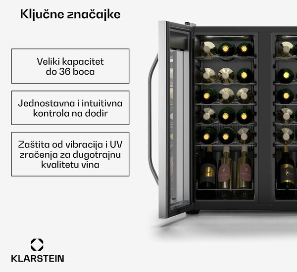 Klarstein Vinamour hladnjak za vino, 2 rashladne zone, 7 polica, upravljanje dodirom, UV zaštita