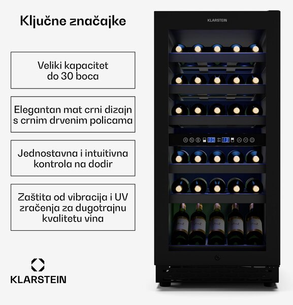 Klarstein Vinovilla 30 Duo hladnjak za vino, 2 rashladne zone, 32 boca, drvene police, 5-18 °C