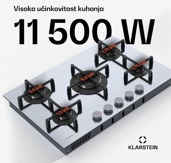 Klarstein Illuminosa 5 plinska ploča za kuhanje 5 plamenika Sabaf plamenik od nehrđajućeg čelika