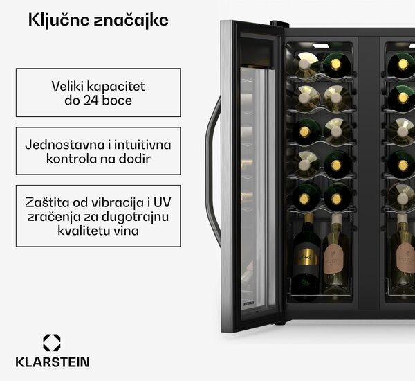 Klarstein Vinamour hladnjak za vino, 2 rashladne zone, 7 polica, upravljanje dodirom, UV zaštita