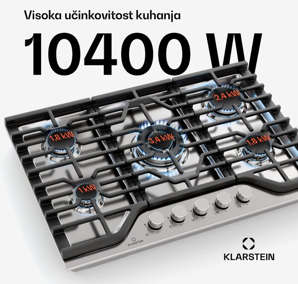 Klarstein Turbocast plinska ploča za kuhanje, 304 nehrđajući čelik, 5 plamenika, profesionalni nosač od lijevanog željeza, wok plamenik