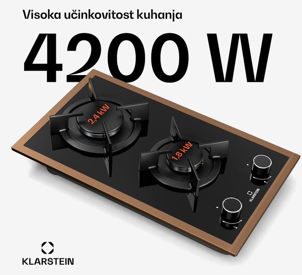 Klarstein Lumiflame plinska ploča za kuhanje, 2 plamenika, bakreni okvir, električno paljenje, snaga 4,2 kW