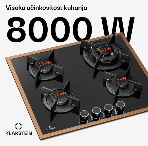 Klarstein Lumiflame plinska ploča za kuhanje | 4 plamenika | Okvir od bakra | Električno paljenje | Snaga 8 kW