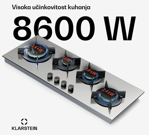 Klarstein Goldflame 4 Slim plinska ploča za kuhanje, 4 plamenika, za tekući ili prirodni plin, električno paljenje