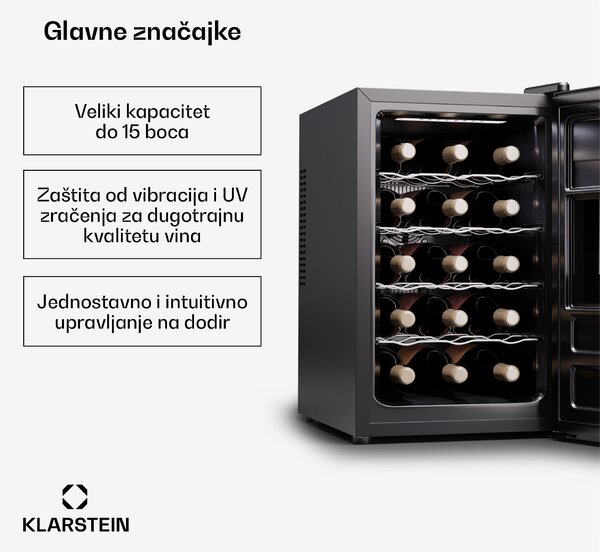 Klarstein Silent Vino 15 Uno, hladnjak za vino, 39 l / 15 boca, 5-18 °C, na dodir