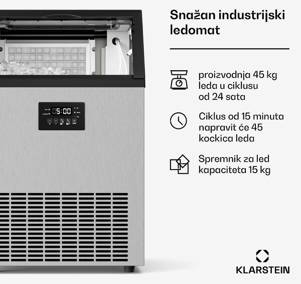 Klarstein Glacial industrijski ledomat za kockice leda, kapaciteta 45 kg, s LED zaslonom i prozorčićem
