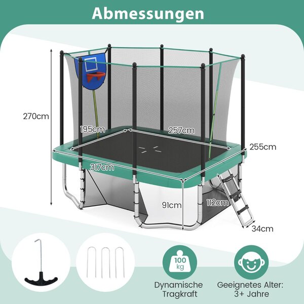 3 u 1 pravokutni trampolin s ljestvama, košarkaškim košem i nogometnim golom, dječji trampolin, zeleni
