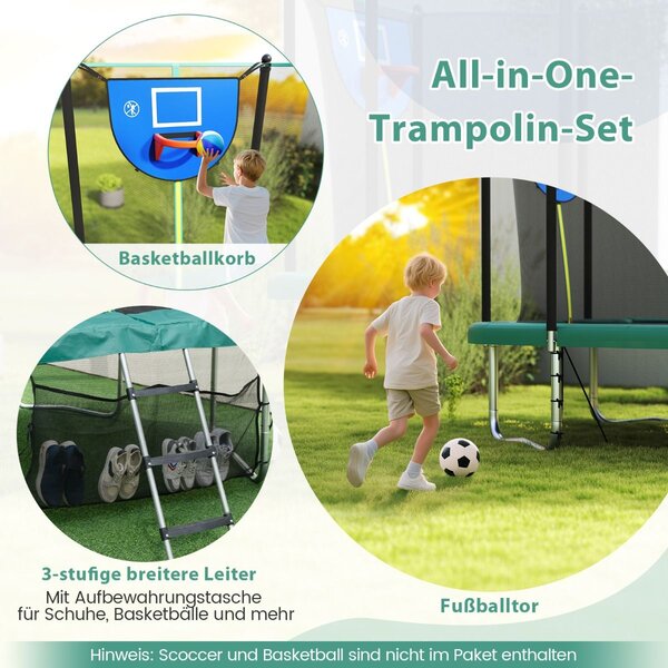 3 u 1 pravokutni trampolin s ljestvama, košarkaškim košem i nogometnim golom, dječji trampolin, zeleni