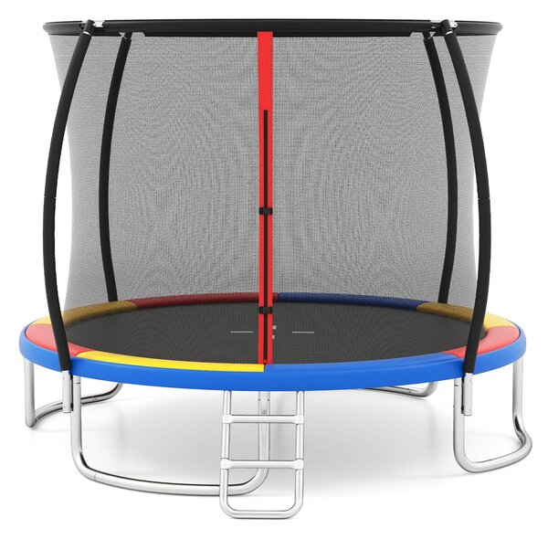 Vanjski trampolin s ljestvama, okrugli vrtni trampolin sa zaštitnom mrežom, rubnim pokrovom i metalnim okvirom, Ø305 cm, šareni