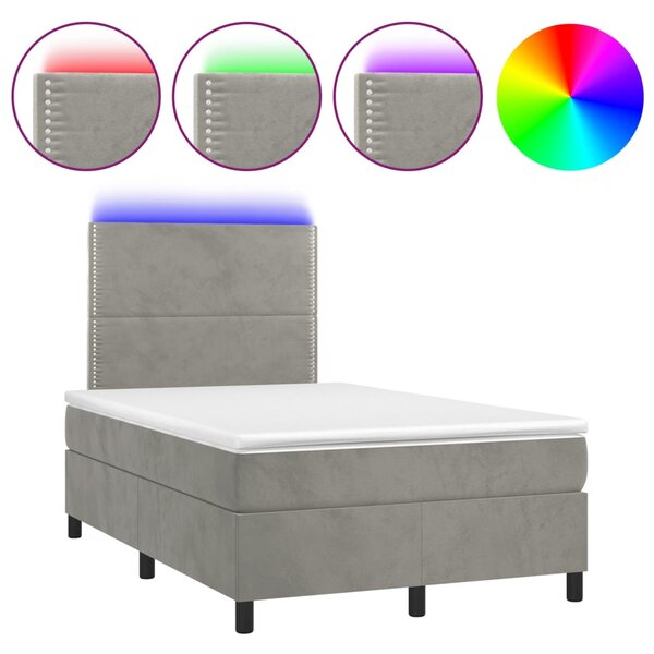Krevet box spring s madracem LED svjetlosivi 120x200 cm baršun - Siva / 120 x 200 cm