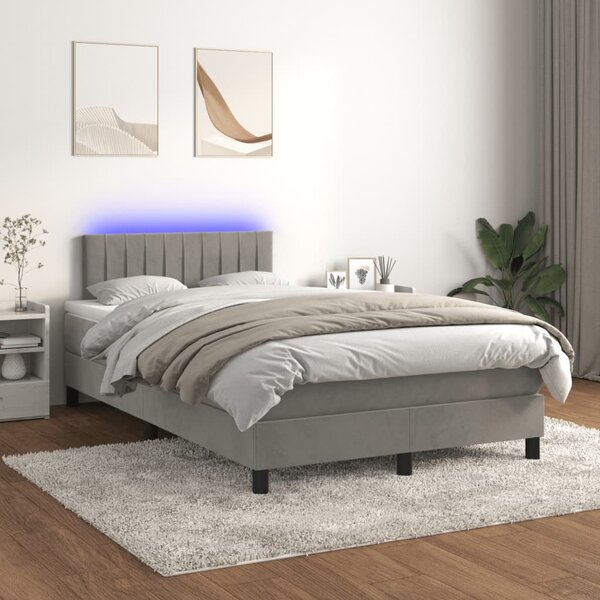 Krevet box spring s madracem LED svjetlosivi 120x200 cm baršun - Siva / 120 x 200 cm