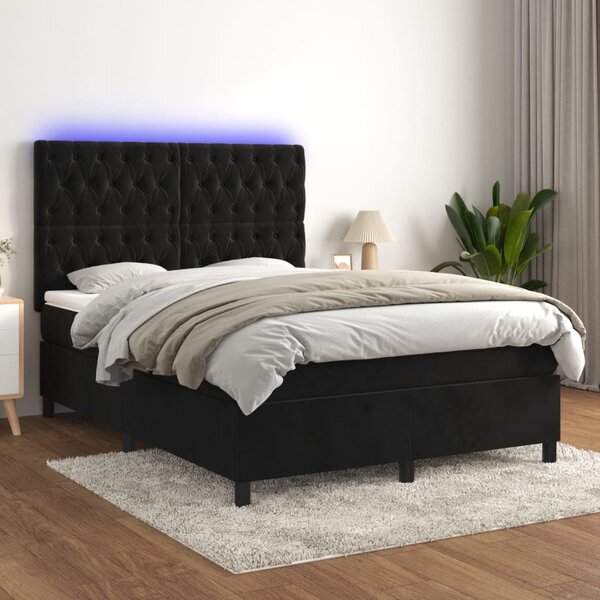 Krevet box spring s madracem LED crni 140x190 cm baršun - Crna / 140 x 190 cm