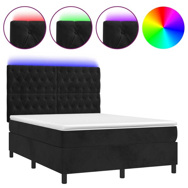 Krevet box spring s madracem LED crni 140x200 cm baršun - Crna / 140 x 200 cm