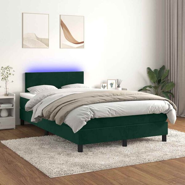 Krevet box spring s madracem LED tamnozeleni 120x200 cm baršun - Zelena / 120 x 200 cm