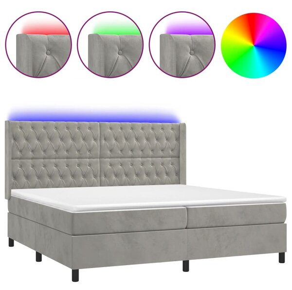 Krevet box spring s madracem LED svjetlosivi 200x200 cm baršun - Siva / 200 x 200 cm