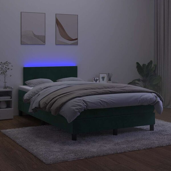 Krevet box spring s madracem LED tamnozeleni 120x200 cm baršun - Zelena / 120 x 200 cm