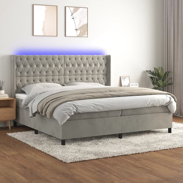 Krevet box spring s madracem LED svjetlosivi 200x200 cm baršun - Siva / 200 x 200 cm