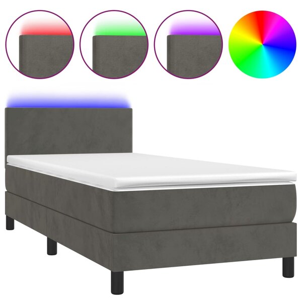 Krevet box spring s madracem LED tamnosivi 90x190 cm baršun - Siva / 90 x 190 cm