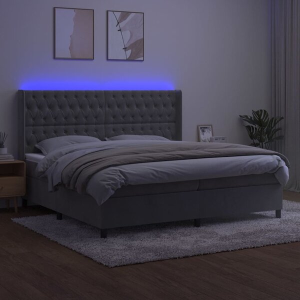 Krevet box spring s madracem LED svjetlosivi 200x200 cm baršun - Siva / 200 x 200 cm