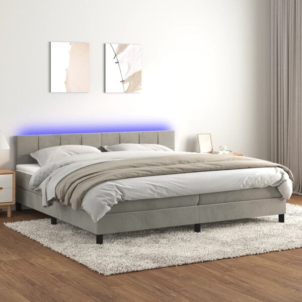 Krevet box spring s madracem LED svjetlosivi 200x200 cm baršun - Siva / 200 x 200 cm