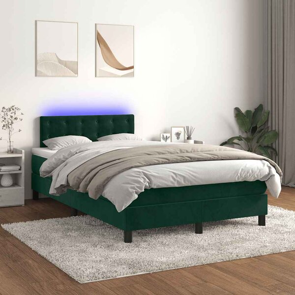 Krevet box spring s madracem LED tamnozeleni 120x200 cm baršun - Zelena / 120 x 200 cm