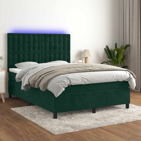 Krevet box spring s madracem LED tamnozeleni 140x190 cm baršun - Zelena / 140 x 190 cm