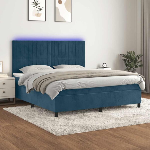 Krevet box spring s madracem LED tamnoplavi 180x200 cm baršun - Plava / 180 x 200 cm