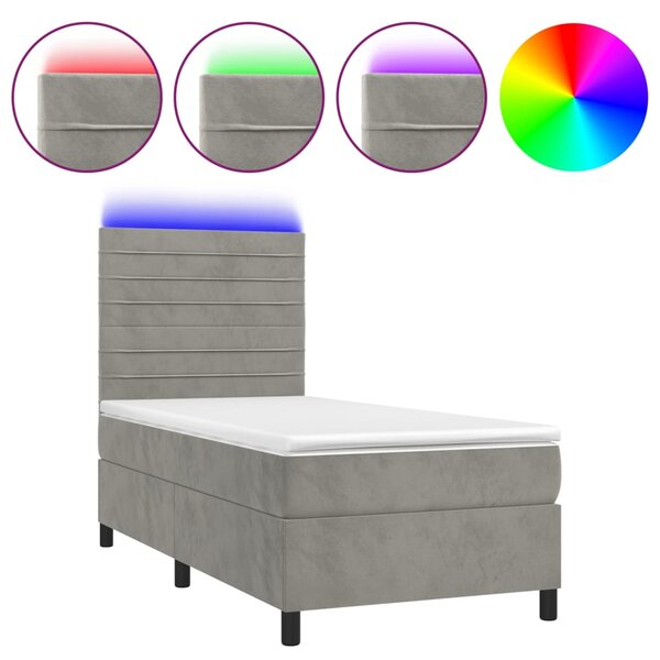 Krevet box spring s madracem LED svjetlosivi 80x200 cm baršun - Siva / 80 x 200 cm