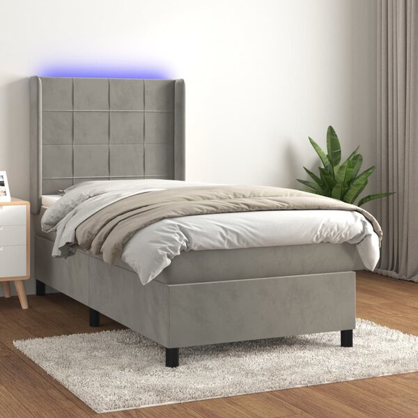 Krevet box spring s madracem LED svjetlosivi 100x200 cm baršun - Siva / 100 x 200 cm