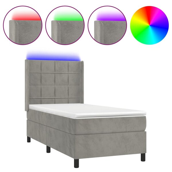 Krevet box spring s madracem LED svjetlosivi 100x200 cm baršun - Siva / 100 x 200 cm