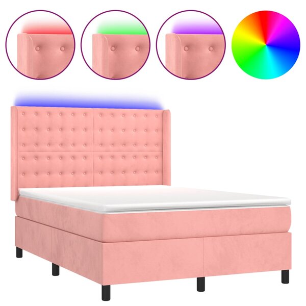 Krevet box spring s madracem LED ružičasti 140x190cm baršunasti - Ružičasti / 140 x 190 cm