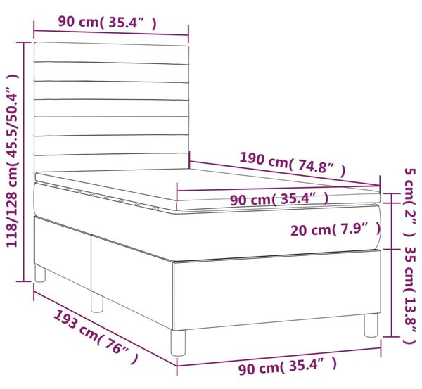 Krevet box spring s madracem LED tamnosivi 90x190 cm baršun - Siva / 90 x 190 cm