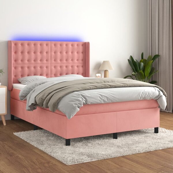 Krevet box spring s madracem LED ružičasti 140x190cm baršunasti - Ružičasti / 140 x 190 cm