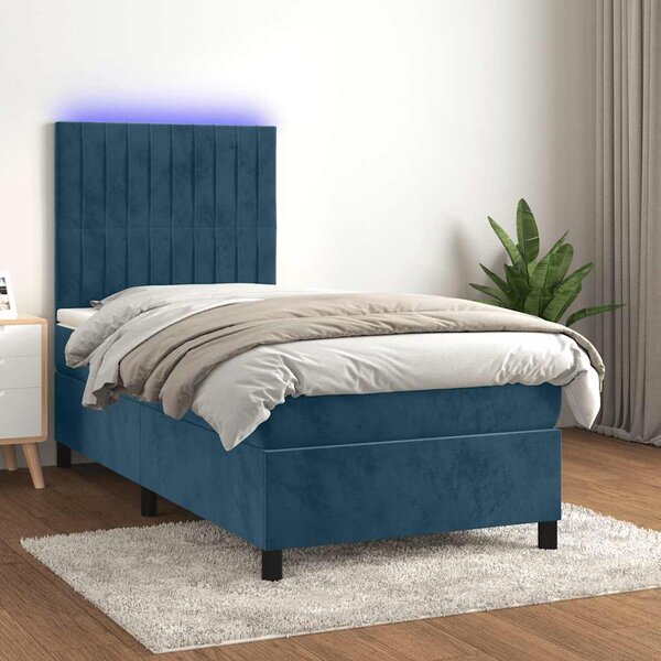 Krevet box spring s madracem LED tamnoplavi 90x190 cm baršun - Plava / 90 x 190 cm