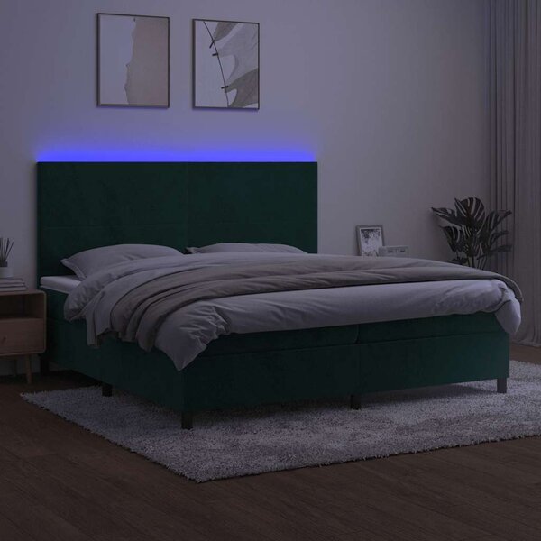 Krevet box spring s madracem LED tamnozeleni 200x200 cm baršun - Zelena / 200 x 200 cm