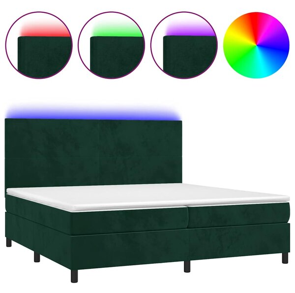 Krevet box spring s madracem LED tamnozeleni 200x200 cm baršun - Zelena / 200 x 200 cm