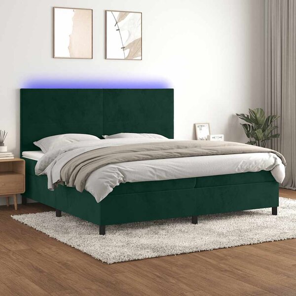 Krevet box spring s madracem LED tamnozeleni 200x200 cm baršun - Zelena / 200 x 200 cm