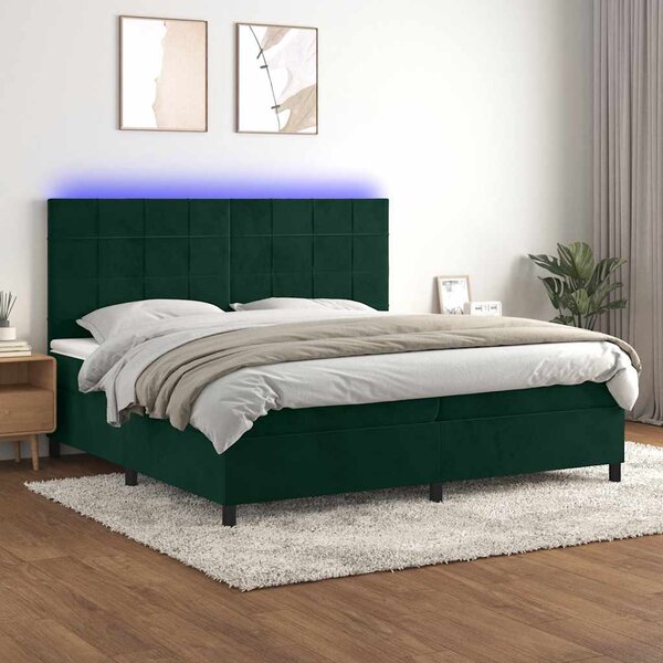 Krevet box spring s madracem LED tamnozeleni 200x200 cm baršun - Zelena / 200 x 200 cm