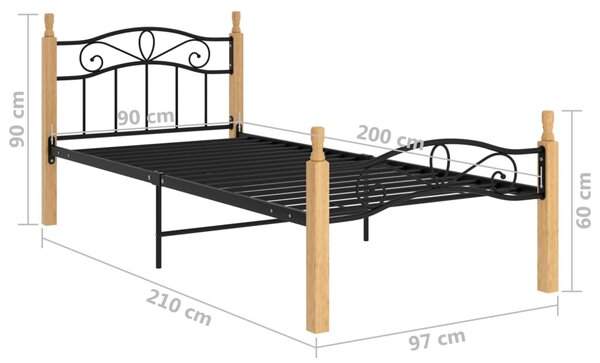 Okvir kreveta crni od metala i masivne hrastovine 90 x 200 cm - Crna / 90 x 200 cm