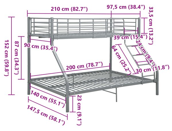 Okvir za krevet na kat sivi metalni 140 x 200 / 90 x 200 cm - Siva / N/A